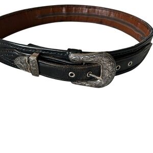 Black Western Leather Belt with Ornate Silver Buckle